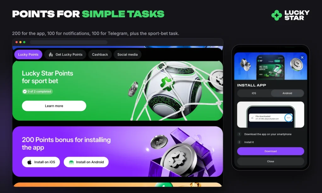 Lucky Star Free Money tasks: 200 points for installing the app