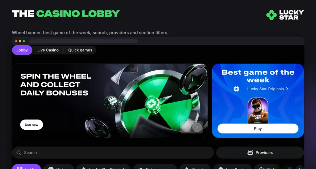 Lucky Star casino lobby slots: 3 Coin Volcanoes, Lucky Piggies 3, Power Sun, Golden Teapot