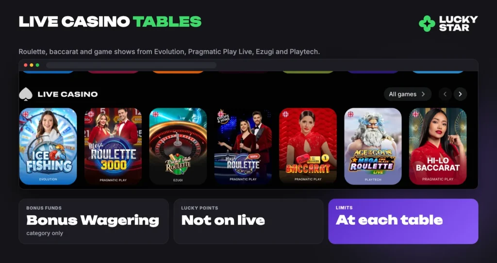 Lucky Star live casino studios: Evolution, Pragmatic Play Live, Ezugi, SA Gaming, Playtech Live