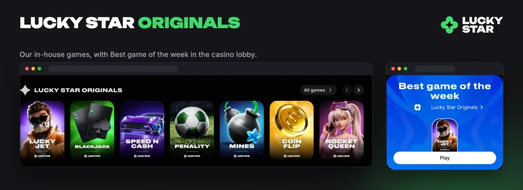 Lucky Star Originals: Lucky Jet, Mines, Speed n Cash, Penalty, Coin Flip, Blackjack