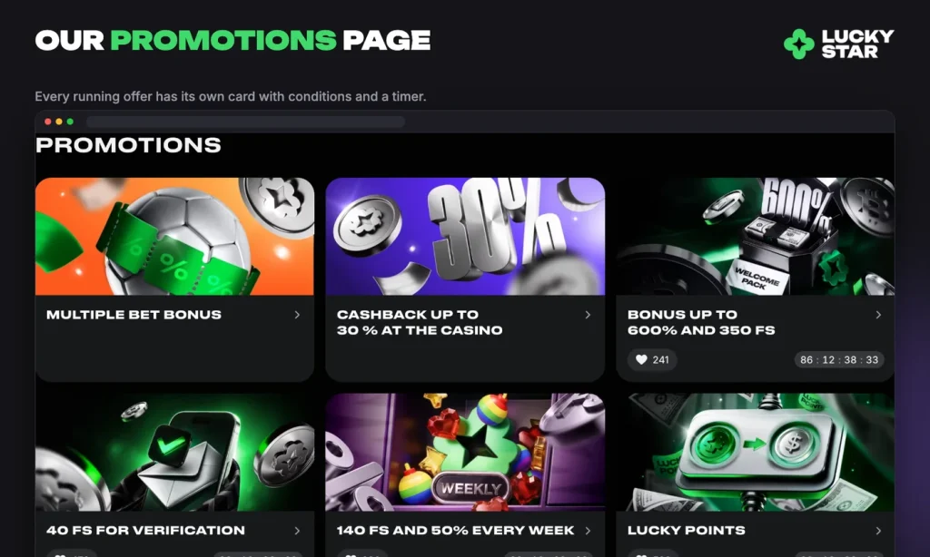 The Lucky Star promotions page with multiple bet bonus, cashback, welcome pack, verification, weekly bonuses and Lucky Points