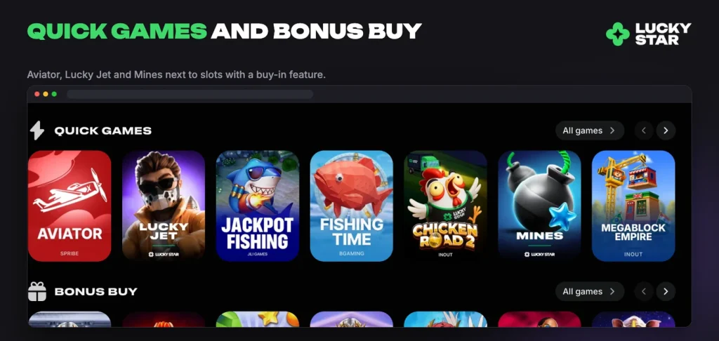 Lucky Star quick games and Bonus Buy rows: Aviator, Lucky Jet, Mines, Gates of Olympus 1000