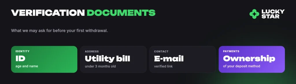 Lucky Star verification documents: ID, utility bill, e-mail, payment ownership