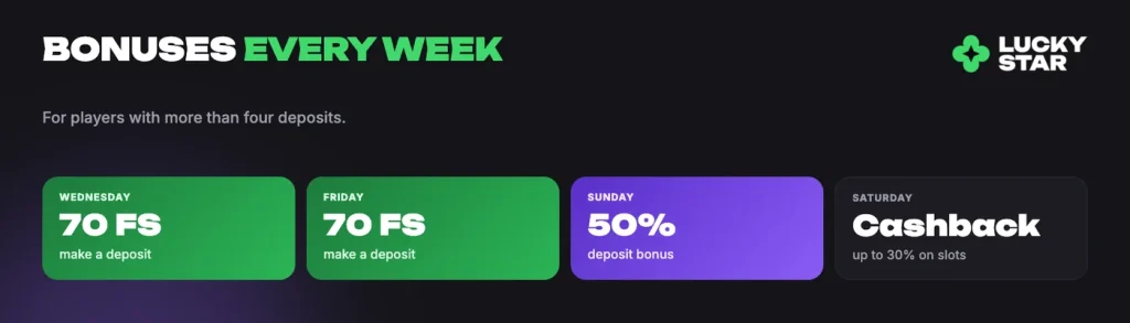 Lucky Star weekly bonuses: 70 free spins on Wednesday and Friday, 50% on Sunday